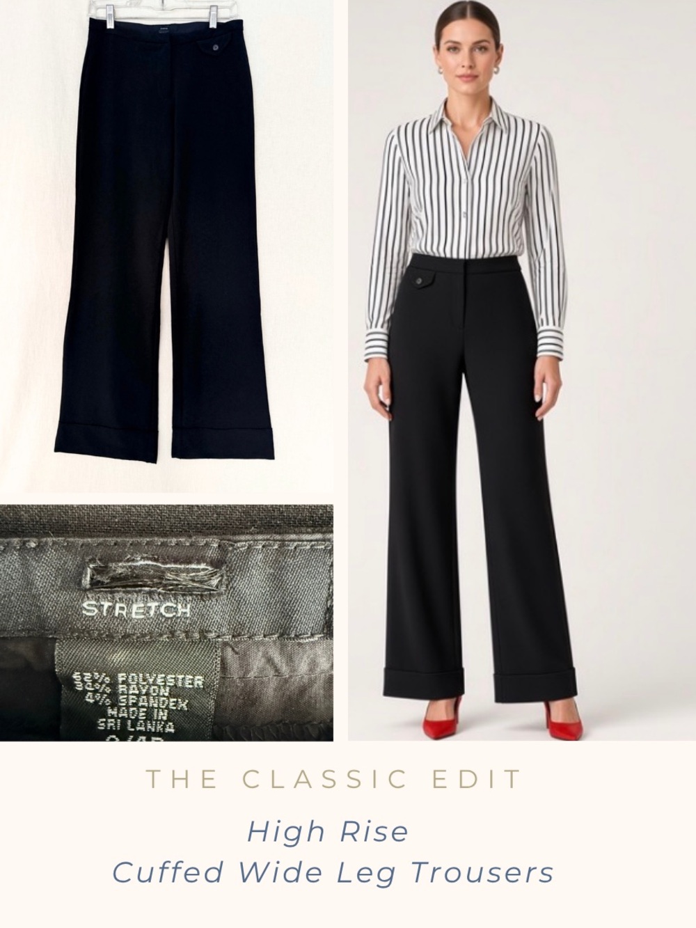 High Rise Black Dress Pants | Wide Leg Cuffed Hem | Poly Rayon Spandex | Classic